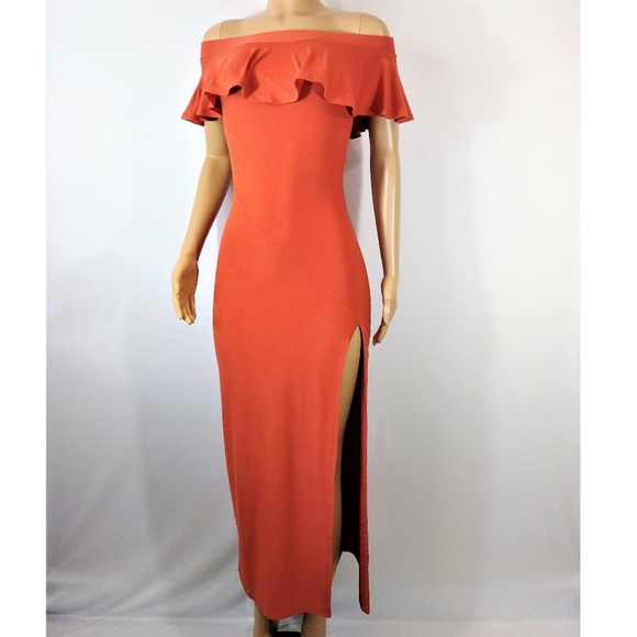 orange off the shoulder maxi dress